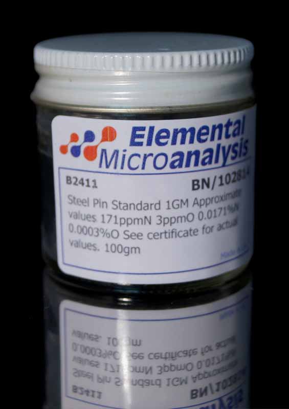 DISCONTINUED 
Steel Pin Standard 1 g Approximate values 77ppmN 8ppmO 0.0077%N 0.0008%O See certificate 420S for actual values.contents:100