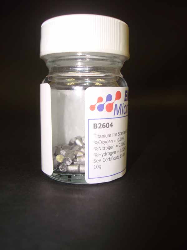 Titanium Pin Standard 0.1G Approximate values 80ppmH 76ppmN 900ppmO 0.0080%H , 0.0076%N,  0.090%O  See certificate 240320 10gm