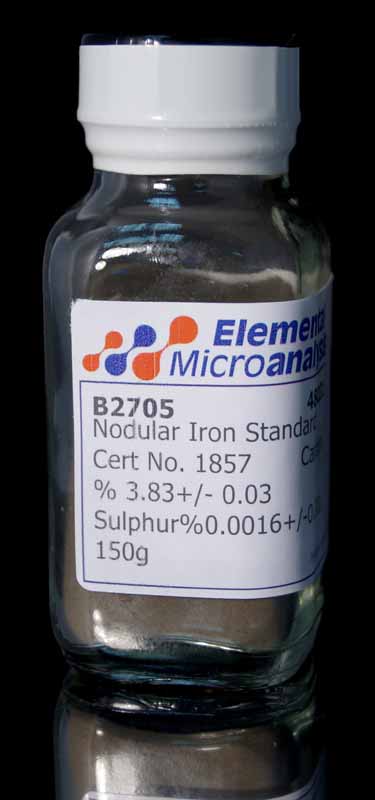 Nodular Iron Powder Standard Approximate values 3.88%C 0.021%S 38800ppmC 210ppmS See certificate 422G for actual values. 150 g
