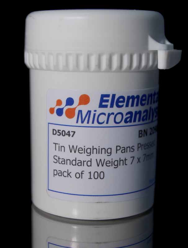 Tin Weighing Pans/Capsules Pressed Standard Weight 7 x 7mm pack of 100