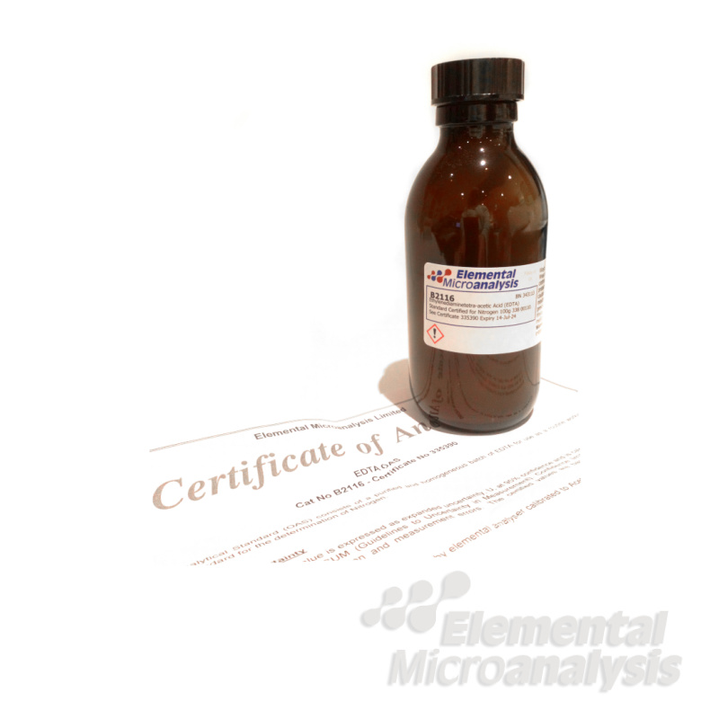 Ethylenediaminetetra-acetic Acid (EDTA) Standard Certified for Nitrogen 100g 338 00110.  See Certificate 435761 Expiry 22-Nov-28