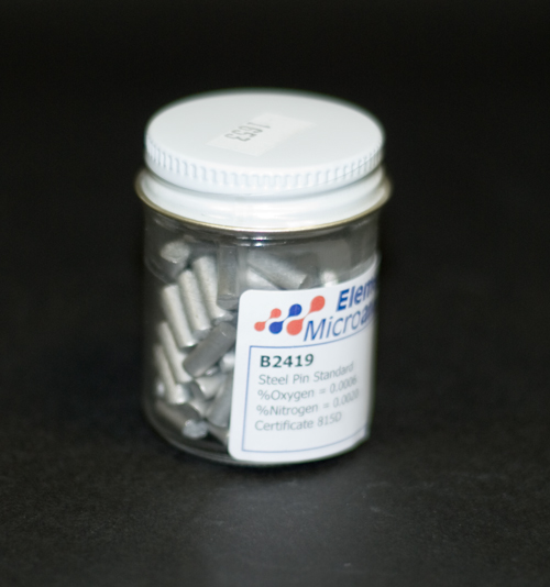 Steel Pin Standard 1 g Approximate values 25ppmN 6ppmO 0.0025%N 0.0006%O  See certificate 1023F. 100 g