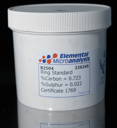 Carbon & Sulfur in Steel Ring Standard 1 g Approximate values 0.658%C 0.0108%S 6580ppmC 108ppmS See certificate 1119A for actual values. 454 g