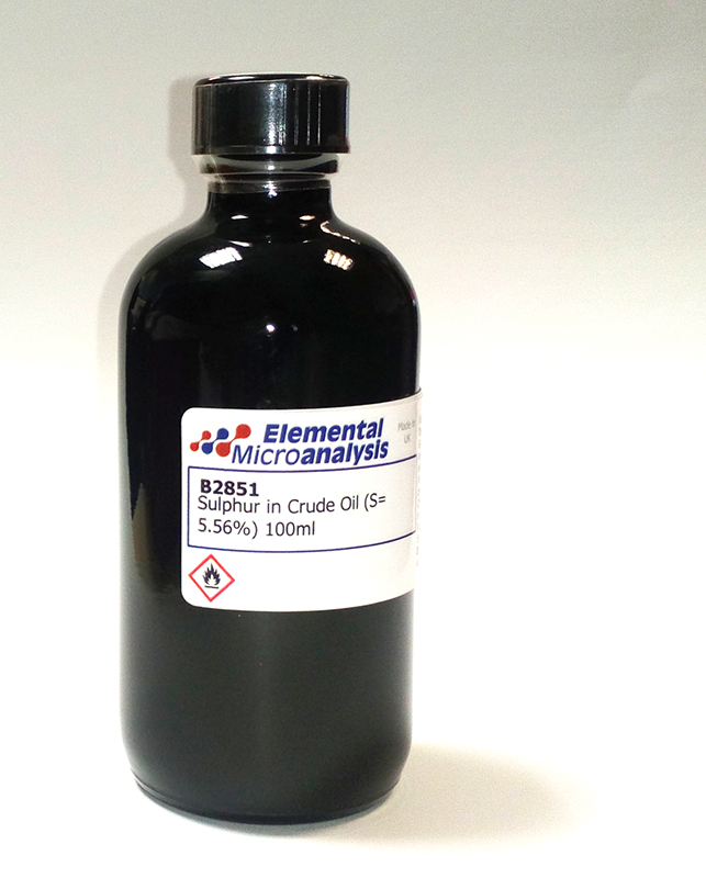 Sulphur in Crude Oil (S= 5.20%) 100ml See Cert 051421 Flamm. Liquid UN1267  Class 3 | Elemental Microanalysis