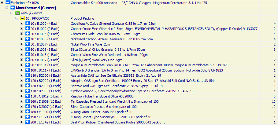 Consumables Kit 1000 Analyses 1108/I CHN & Oxygen 

Magnesium Perchlorate 5.1. UN1475
SODIUM HYDROXIDE, SOLID, 8, UN1823
Alkaloid Salt Solid N.O.S. 6.1. UN1544