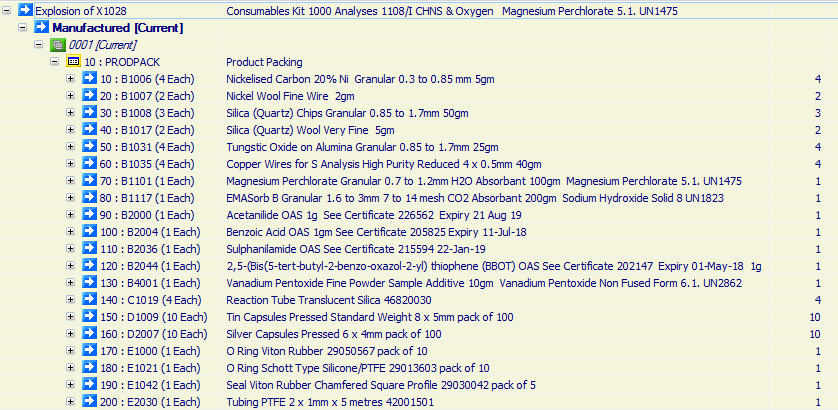 Consumables Kit 1000 Analyses 1108/I CHNS & Oxygen 

Magnesium Perchlorate 5.1. UN1475
SODIUM HYDROXIDE, SOLID, 8, UN1823
Vanadium Pentoxide Non Fused Form 6.1. UN2862