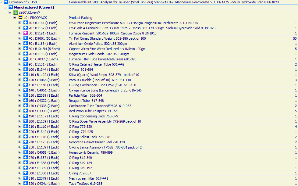 Consumable Kit 5000 Analysis for Truspec (Small Tin Foils) 502-621- HAZ
Magnesium Perchlorate, 5.1. UN1475 ; Sodium Hydroxide, Solid, 8 UN1823 ; Calcium Oxide, 8, UN1910