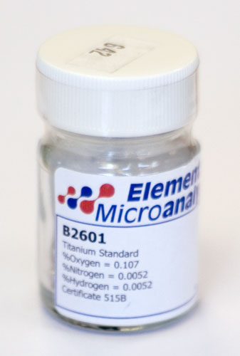 Titanium Pin Standard 0.1G Pins Approximate values 36ppmH 150ppmN 1420ppmO 0.0036%H 0.0150%N 0.142%O see certificate 240110 10gm