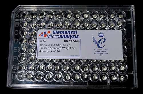 Tin-Capsules-Ultra-Clean-Pressed-Standard-Weight-6-x-4mm-Multiwell-plate-of-96-capsules