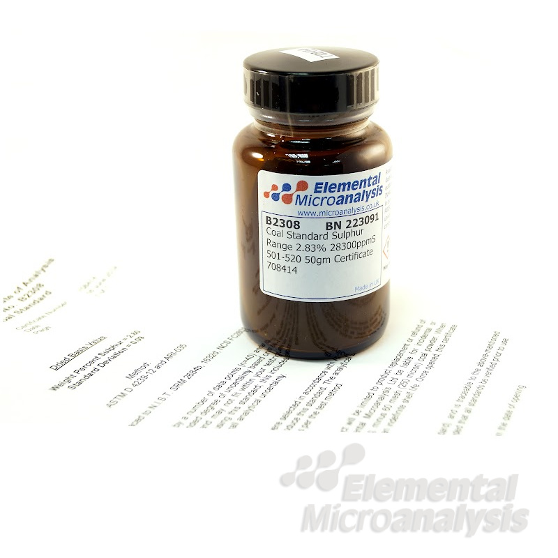 DISCONTINUED

PLEASE CONSIDER B2307 or B2309

Coal Standard Sulphur Range 2.99% 29900ppmS 501-520 50gm Certificate 708221