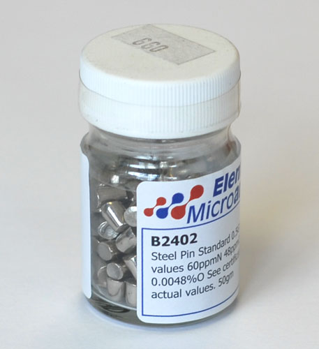Steel Pin Standard 0.5GM Approximate values 75ppmN 30ppmO 0.0075%N 0.0030%O See certificate 240619 for actual values. 50gm