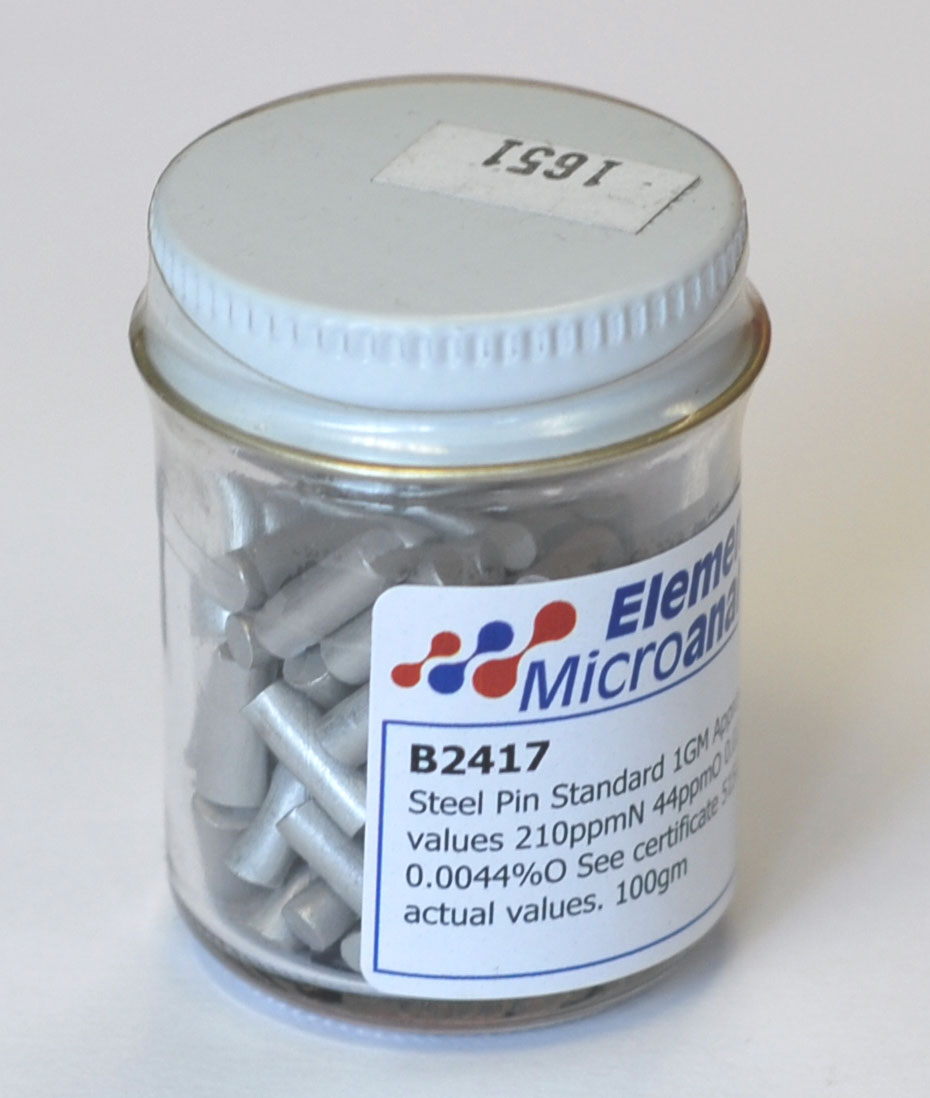 Steel Pin Standard 1GM Approximate values 222ppmN 33ppmO 0.0222%N 0.0033%O See certificate 1023Y for actual values. 100gm