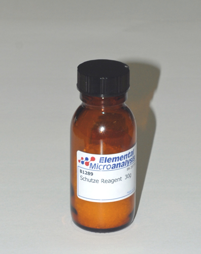 Schutze Reagent  30g

Oxidising Solid Corrosive N.O.S. (Iodine Pentoxide 20% Sulfuric Acid 10%) 5.1. (8) UN3085